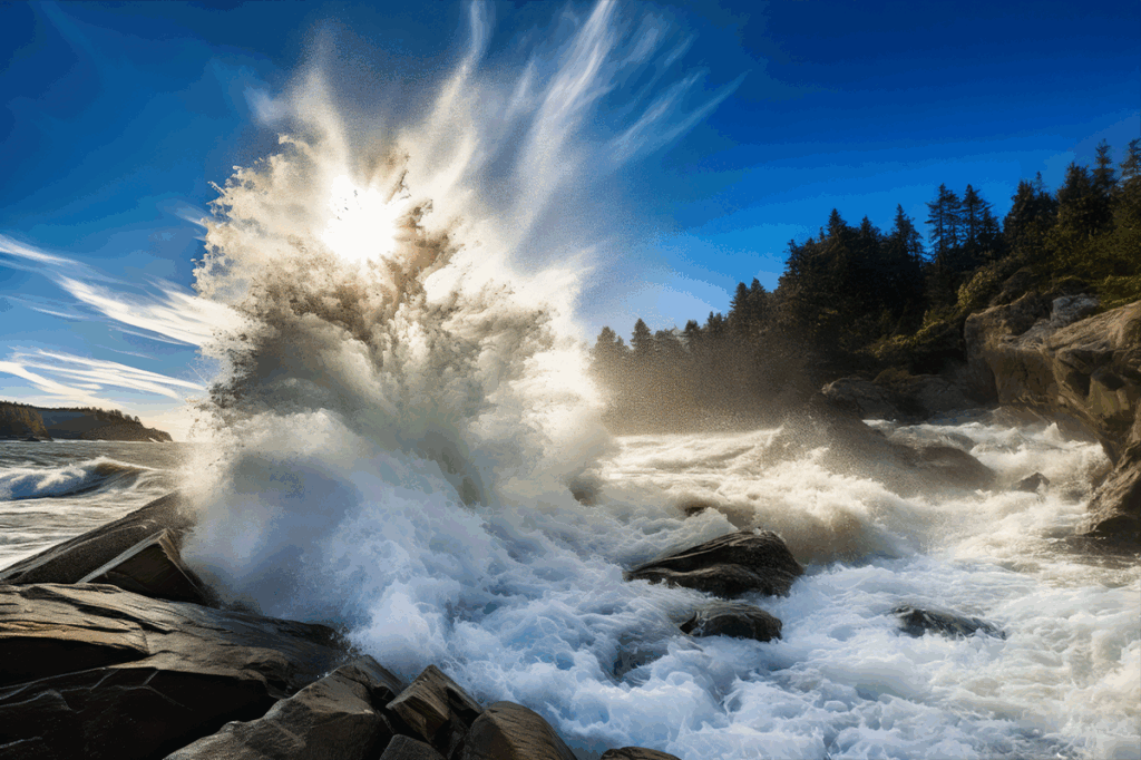 גל עוצמתי מתנפץ על קו חוף סלעי, מואר מאחור על ידי השמש, יוצר נתז דרמטי ותצוגה מרהיבה של כוח הטבע.