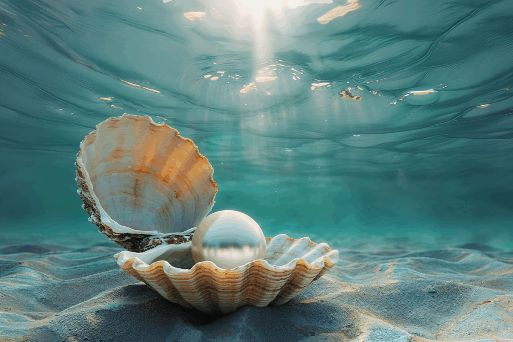 פנינה בתוך צדפה במים
