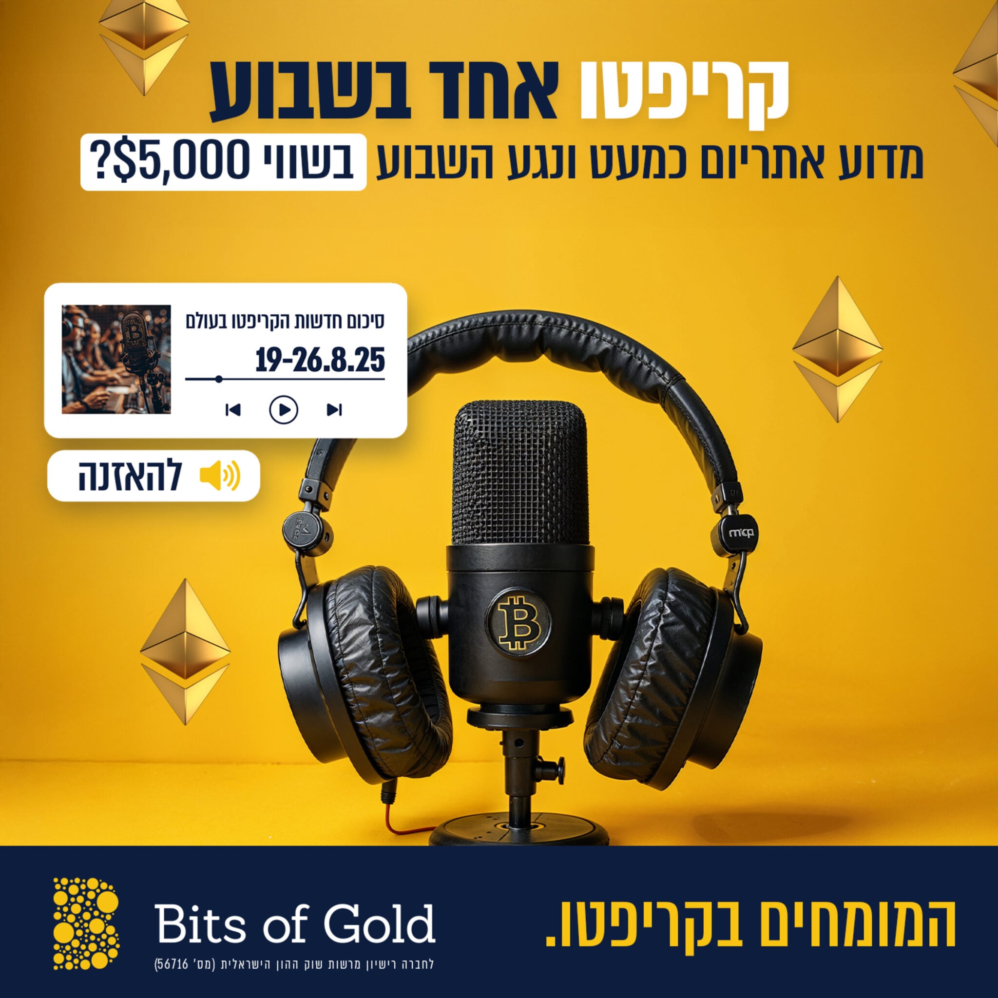 גרפיקת פרק פודקאסט הכוללת מיקרופון ומטבע ביטקוין, עם טקסט בעברית המציין סיכום חדשות קריפטו שבועי ומספר פרק פודקאסט בנושא שיא מחיר חדש לאתריום