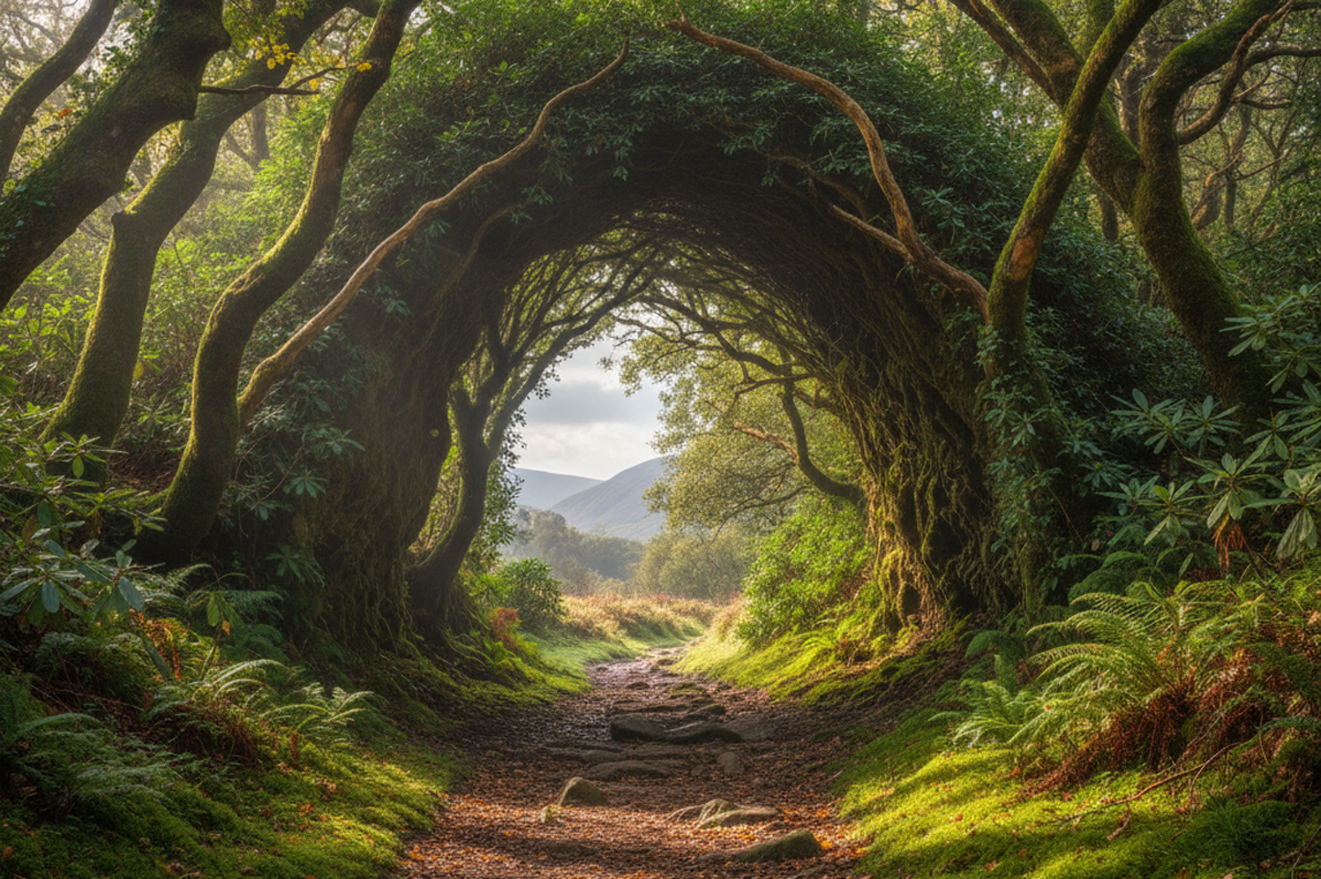 סבך של עצים ירוקים ביער נראים כמו מנהרה עם אור בקצה