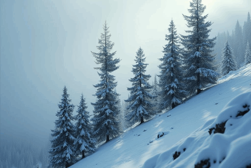 עצים גבוהים על מדרון קפוא ומושלג