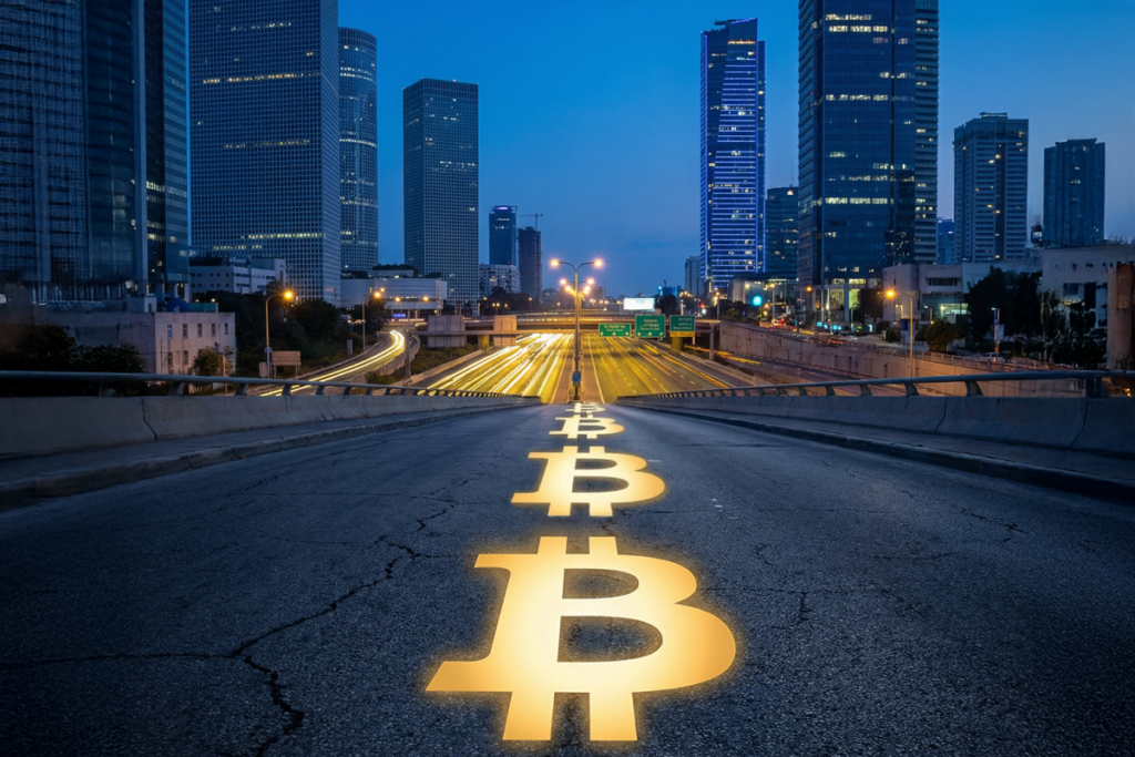 מטבע של ביטקוין על הכביש בתל אביב