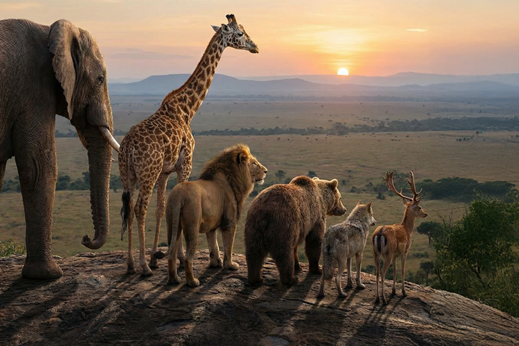 חיות בספארי צופות אל השקיעה